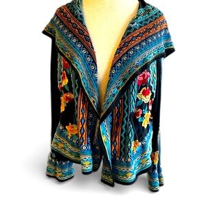 Johnny Was Biya Embroidered Jacket Hooded with intricate designs,  Boho